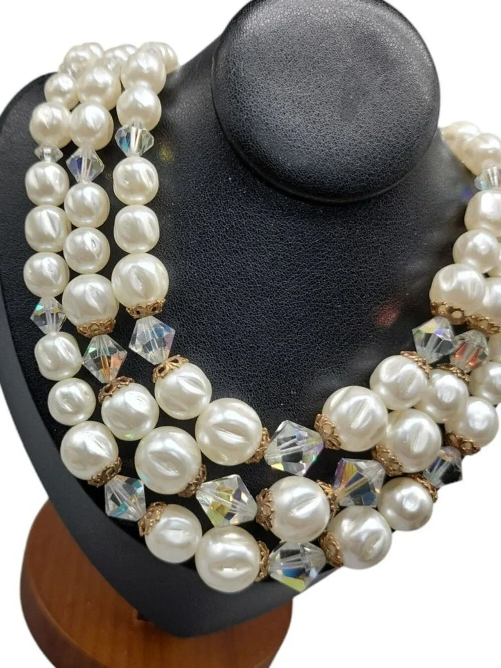 Faux Pearl Choker Multistrand Necklace Aurora Borealis Prism Spacers 16